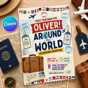 Around The World Birthday Invitation, Travel Theme Party Invite, Boy 9th Birthday Passport Adventure Template, Around the World Birthday