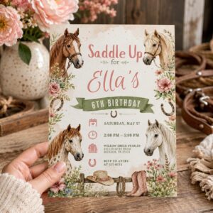 Saddle Up Birthday Invitation, Editable Horse Cowgirl Party Invite Girl 6th Birthday Country Western Template Western Saddle Up Party Invite