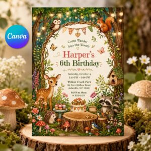 Woodland Animals Birthday Invitation, Editable Forest Friends Party Invite, Girl 6th Birthday Woodland Theme Template, Woodland Creatures