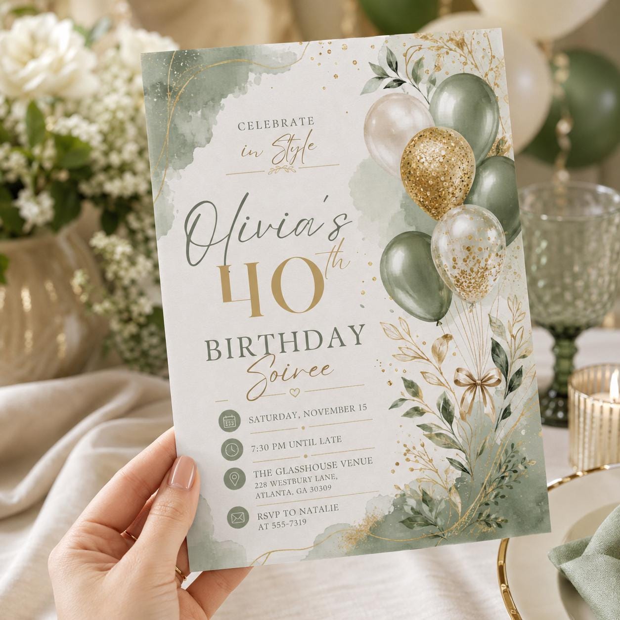 Celebrate In Style Birthday Invitation, Editable Sage Gold Balloon Party Invite, Women 40th Birthday Soiree Template, Printable Digital - Image 3