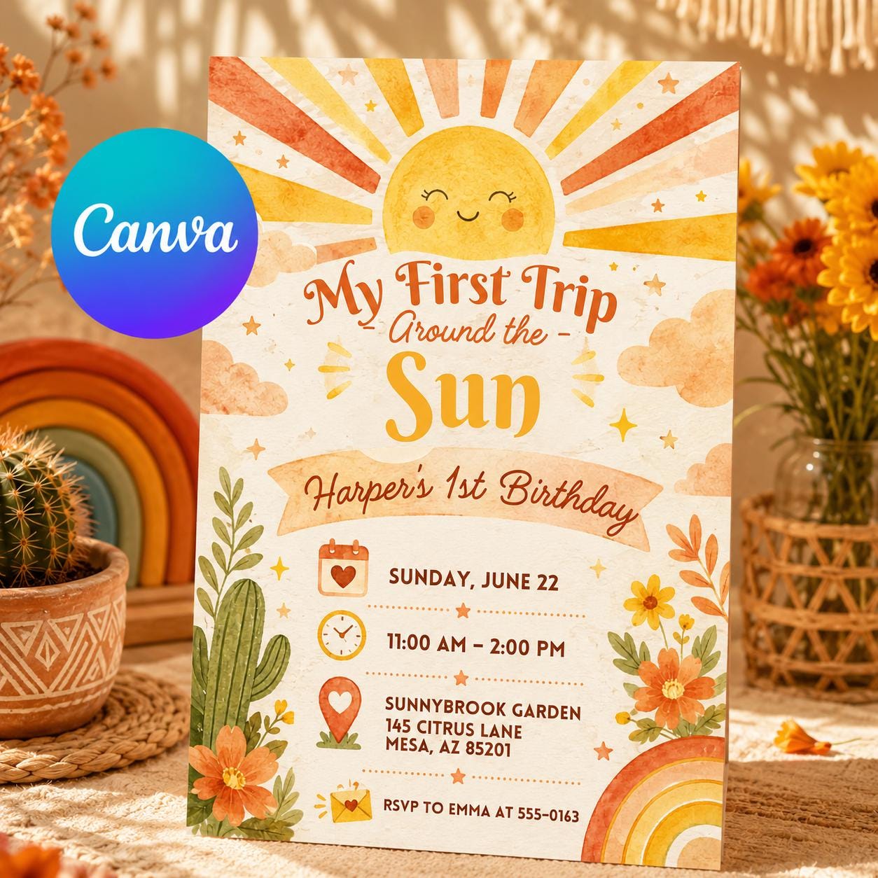 My First Trip Around The Sun Birthday Invitation, Editable Boho Sun Rainbow First Birthday Invite, Girl ONE Theme Template Printable - Image 3