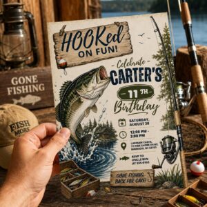 Hooked On Fun Birthday Invitation, Editable Fishing Theme Party Invite, Boy 11th Birthday Lake Cabin Template, Fishing Birthday Invitation