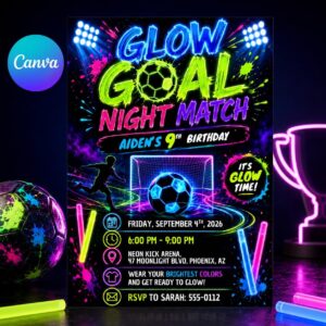 Glow Soccer Birthday Invitation, Editable Neon Night Match Party Invite, Boy 9th Birthday Template, Glow in the Dark, Canva Digital Download