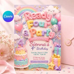 Colorful 4th Birthday Invitation Editable, Ready Four a Party Invite, Canva Template
