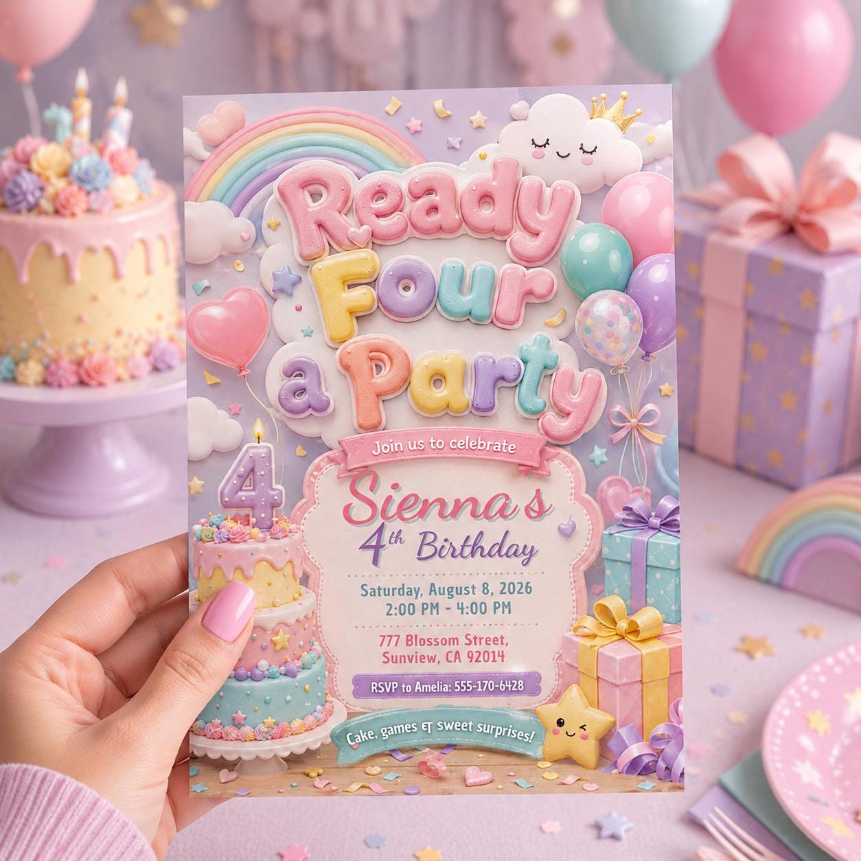 Colorful 4th Birthday Invitation Editable, Ready Four a Party Invite, Canva Template - Image 5