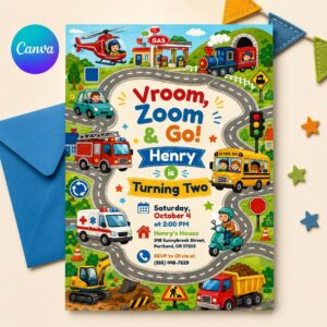 Vroom Zoom Go Birthday Invitation, Vehicles Birthday Invitation, Honk Beep Vroom, Truck Party, Editable Canva Template