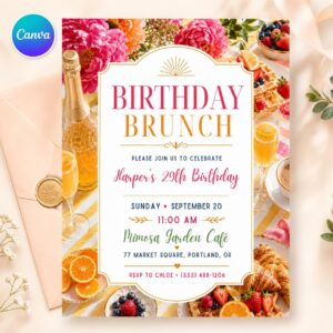 Birthday Brunch Invitation Template, Brunch Party Invite, Pancake Birthday Invitation, Watercolor Brunch Template, Editable Canva Template