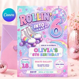 Editable Roller Skating Birthday Invitation, Retro Neon Glow Skate Party Invite, Rolling Into 6 Years Old Template, Editable Canva Template