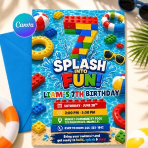 Editable Pool Birthday Invitation, Building Blocks Splash Party Canva Template, Kids Summer Digital Invite