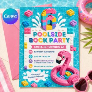 Editable Pool Birthday Invitation Template, Pastel Building Blocks Splash Party Invite, Kids Canva Download