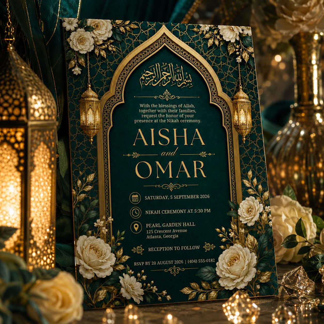 Editable Islamic Nikah Invitation, Emerald Gold Wedding Canva Template, Muslim Nikkah Invite, Floral Printable Digital Invite Card for Bride - Image 3
