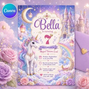 Bella Unicorn Birthday Invitation, Magical Princess Party Invite, Rainbow Castle Editable Canva Template, Printable Girl Birthday Decor Fun!