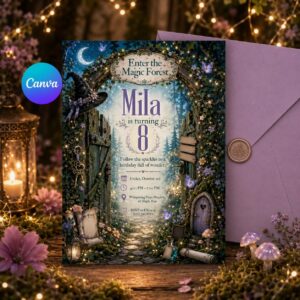 Magic Forest Birthday Invitation, Enchanted Woodland Fairy Party Invite, Editable Canva Template, Printable Girl Birthday Decor DIY Fun