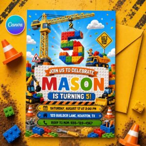 Editable Construction Birthday Invitation, Building Blocks Truck Party Canva Template, Kids Builder Invite