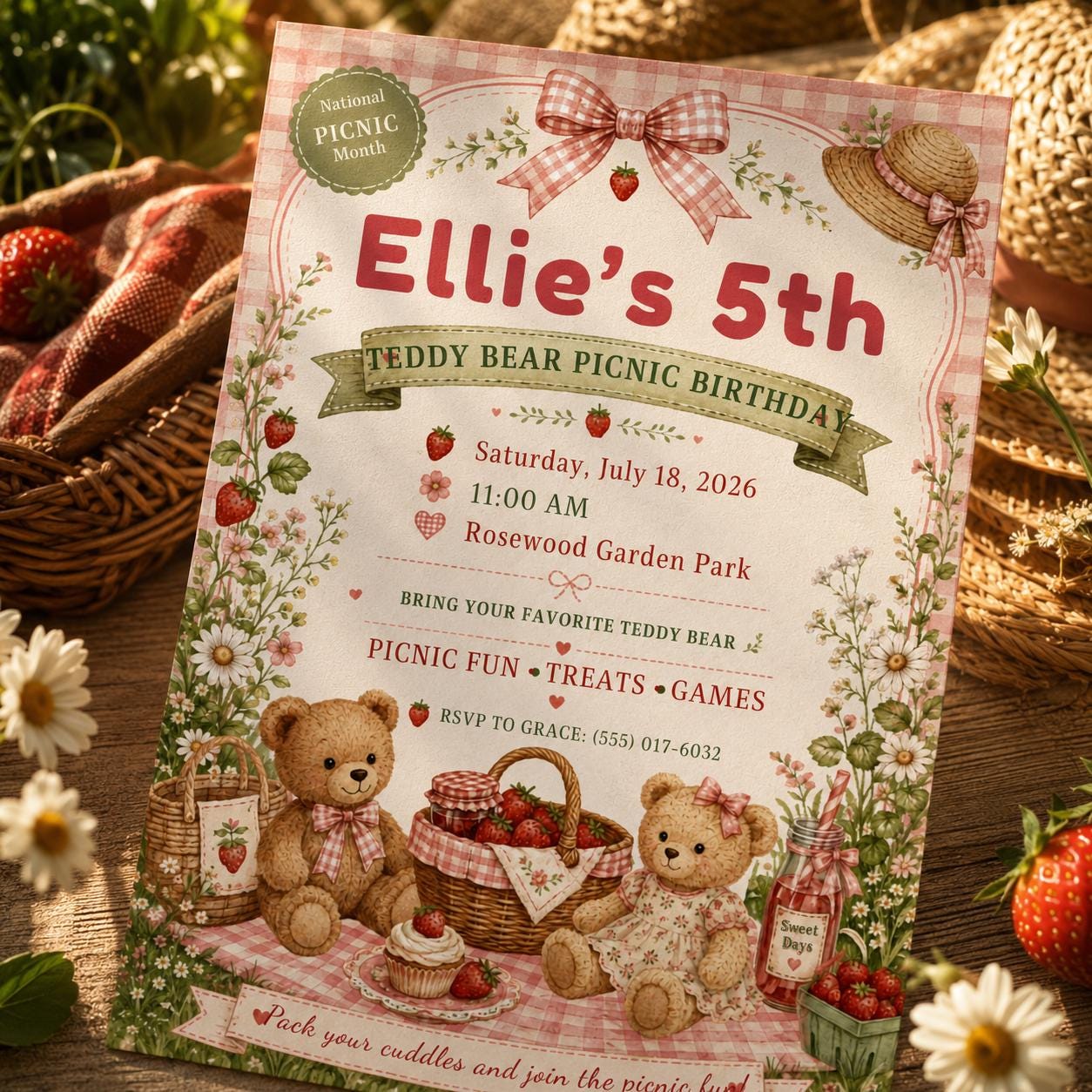 Teddy Bear Picnic Birthday Invitation, Editable Canva Template, Strawberry Garden Party Invite for Girls, Printable Kids Invite, Pink Decor! - Image 3