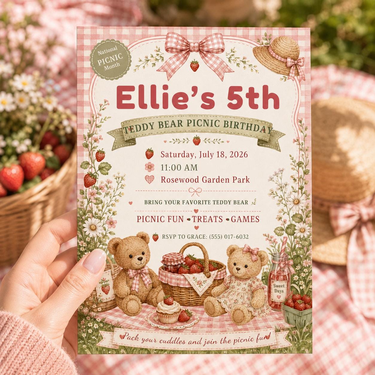 Teddy Bear Picnic Birthday Invitation, Editable Canva Template, Strawberry Garden Party Invite for Girls, Printable Kids Invite, Pink Decor! - Image 4