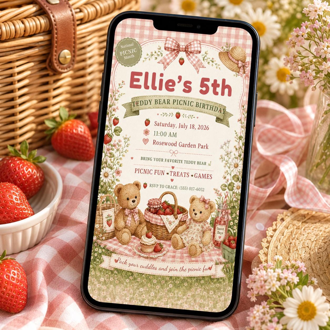 Teddy Bear Picnic Birthday Invitation, Editable Canva Template, Strawberry Garden Party Invite for Girls, Printable Kids Invite, Pink Decor! - Image 6