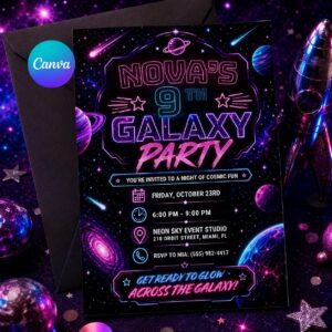 Galaxy Birthday Invitation Neon Space Party Invite Nova Turns 9 Glow Cosmic Planet Stars Canva template Editable Digital Printable Party Fun