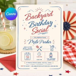 Backyard Birthday Invitation, BBQ Party Invite, Summer Cookout Retro Printable Editable Canva Template