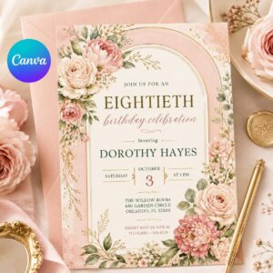 Floral Eightieth Birthday Invitation, 80th Birthday Invitation, Editable Elegant Floral Eighty Year Old, Canva Template