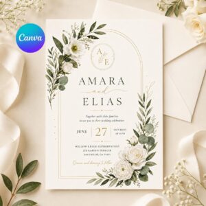 Editable Wedding Invitation Template, Floral Arch Design, Elegant Botanical Wedding Invitation Template, Greenery Floral Canva Invite,