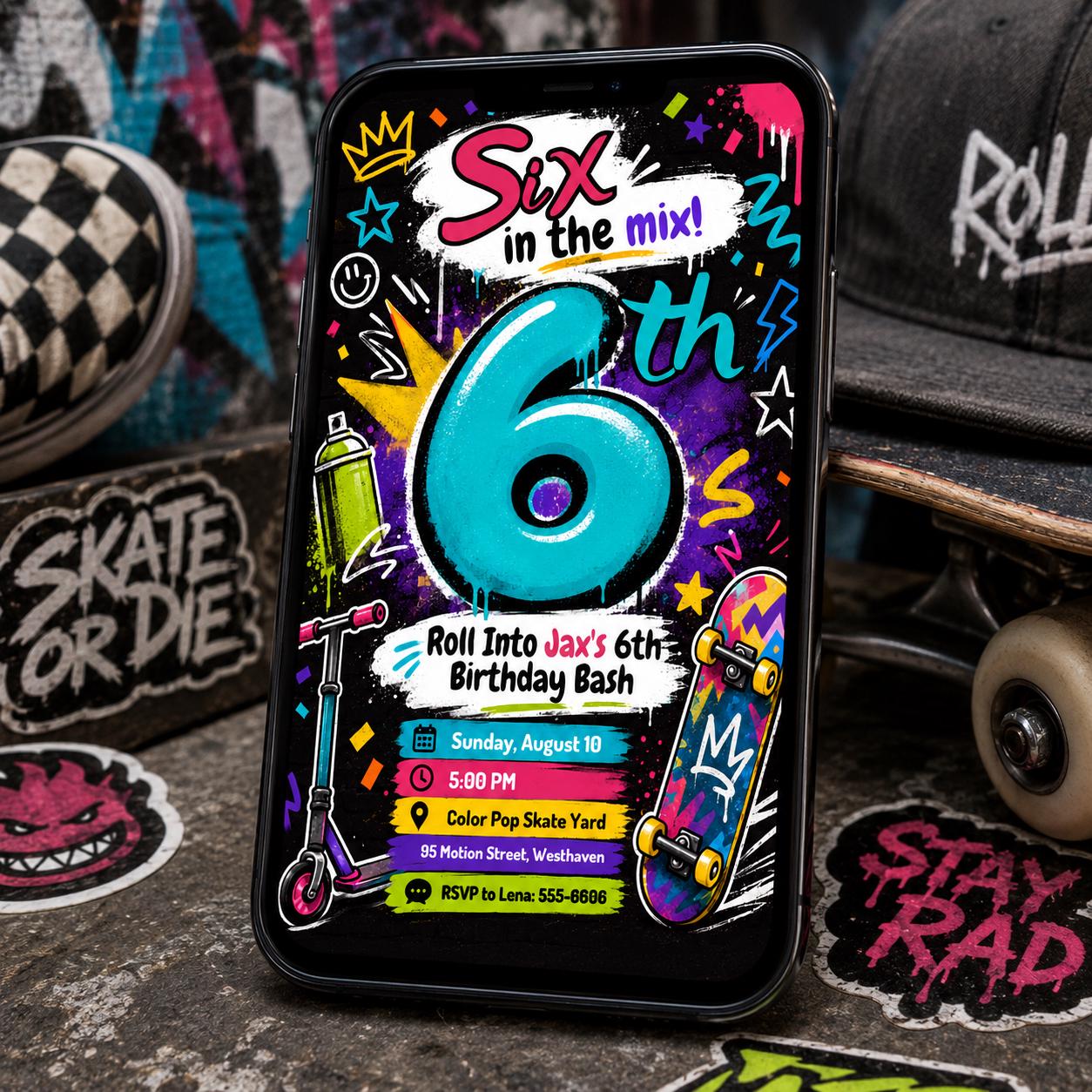 Skateboard Birthday Invitation, Graffiti Skate Park Scooter 6th Birthday Invite, Editable Printable Canva Template - Image 3