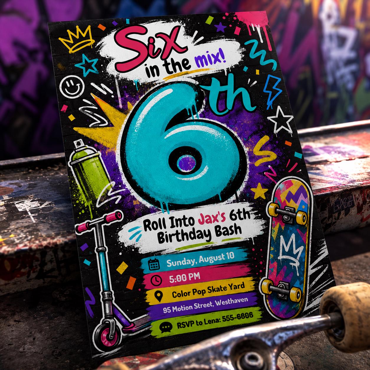Skateboard Birthday Invitation, Graffiti Skate Park Scooter 6th Birthday Invite, Editable Printable Canva Template - Image 4