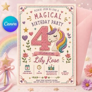 Unicorn 4th Birthday Invitation, Four Ever Magical Girl Rainbow Party Invite, Editable Printable Canva Template