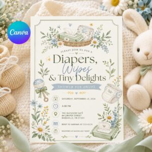 Diapers Wipes and Tiny Delights Baby Shower Invitation Canva Template, Diaper Shower Invitation Template Sage Blue Floral Diaper Party Girl