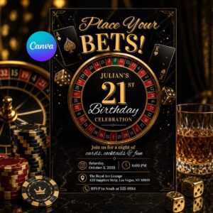 Place Your Bets 21st Birthday Invitation Canva Template, Casino Night Party Invite, Black Gold Poker Roulette