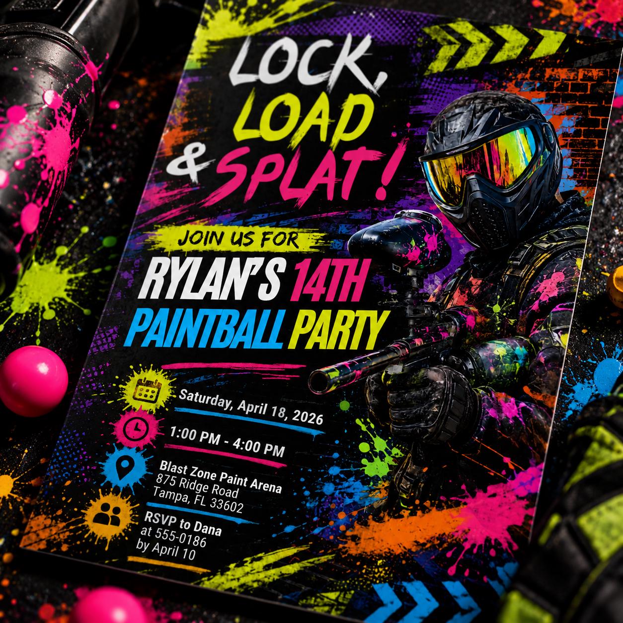 Editable Paintball Birthday Invitation Canva Template, Neon Paint Ball Party Invite, Teen Boy Printable, Lock, Load & Splat Party Invite DIY - Image 3