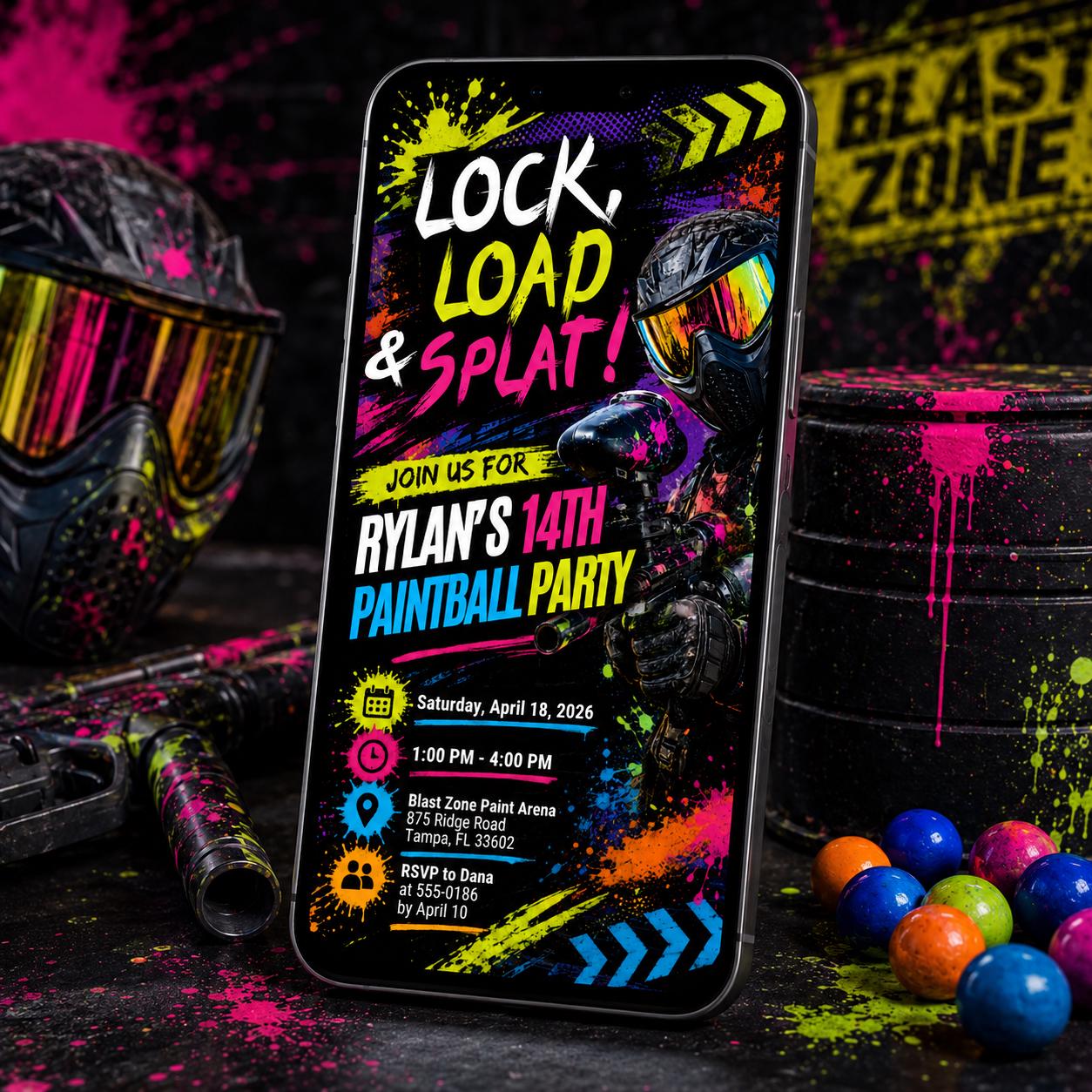 Editable Paintball Birthday Invitation Canva Template, Neon Paint Ball Party Invite, Teen Boy Printable, Lock, Load & Splat Party Invite DIY - Image 5
