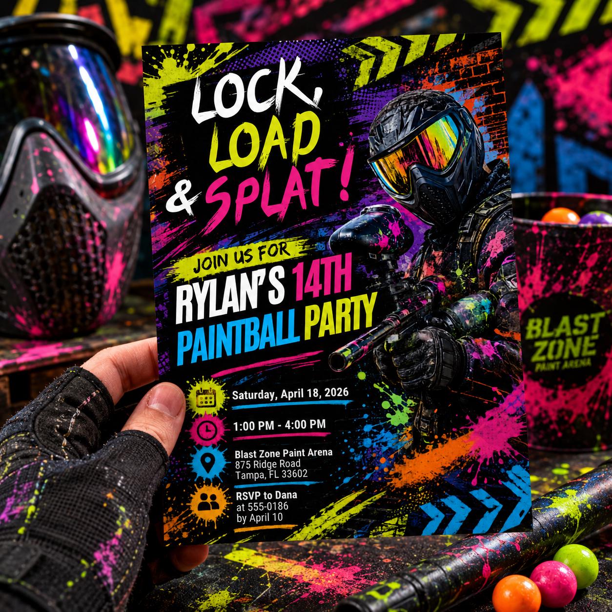 Editable Paintball Birthday Invitation Canva Template, Neon Paint Ball Party Invite, Teen Boy Printable, Lock, Load & Splat Party Invite DIY - Image 6