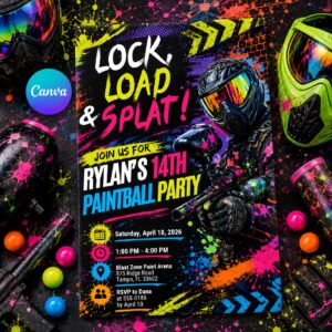 Editable Paintball Birthday Invitation Canva Template, Neon Paint Ball Party Invite, Teen Boy Printable, Lock, Load & Splat Party Invite DIY