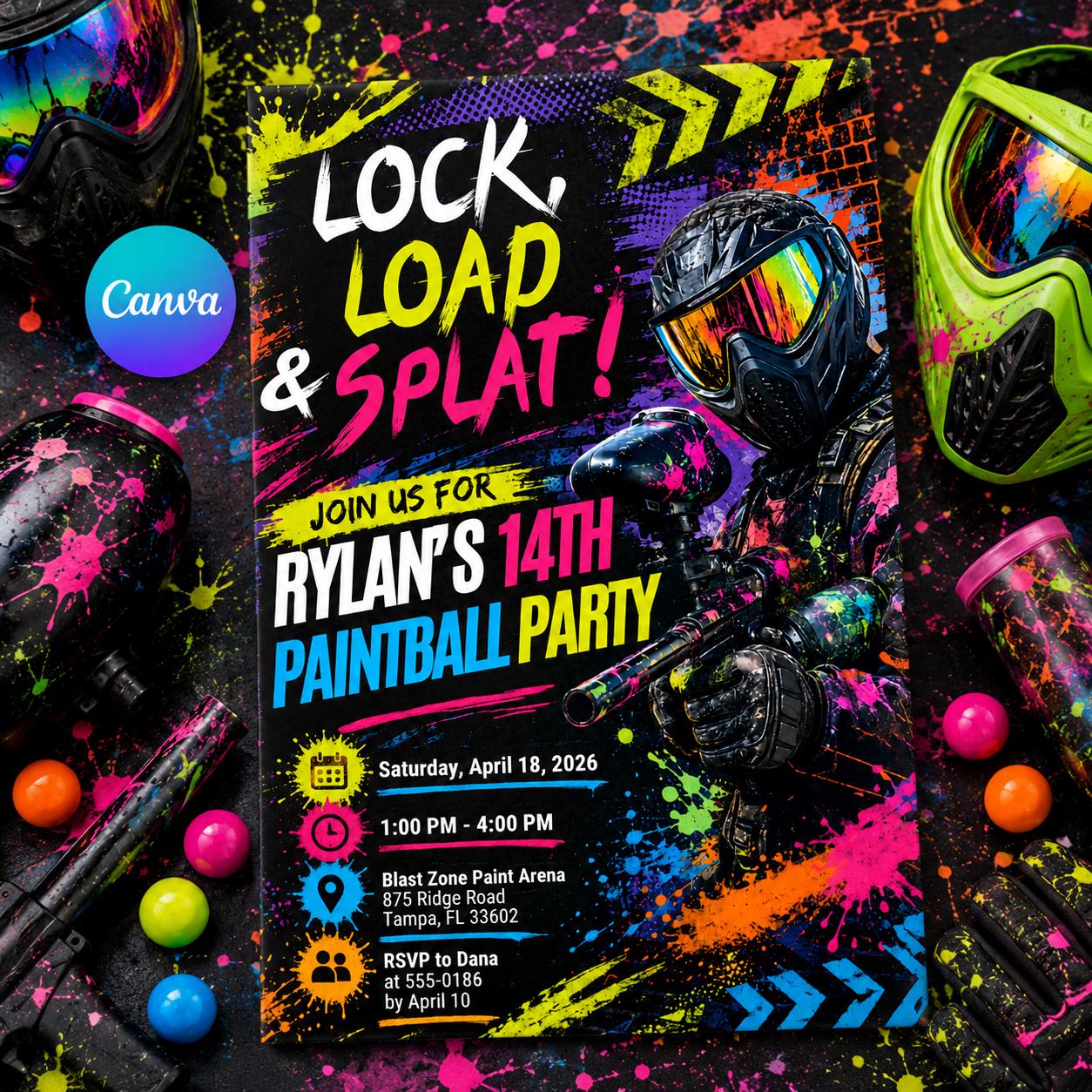 Editable Paintball Birthday Invitation Canva Template, Neon Paint Ball Party Invite, Teen Boy Printable, Lock, Load & Splat Party Invite DIY