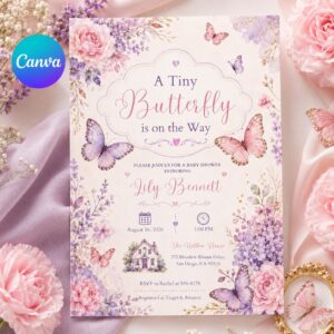 A Tiny Butterfly Baby Shower Invitation Canva Template, Floral Girl Shower Invite, Pink Purple Editable Butterfly Baby Shower Invitation