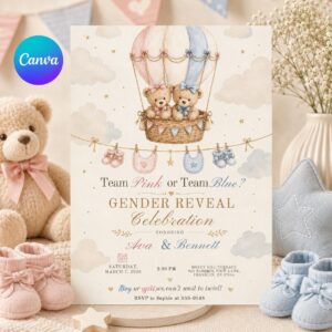 Team Pink or Team Blue Gender Reveal Invitation Canva Template, Teddy Bear Hot Air Balloon Invite, Gender Reveal Invitation Teddy Bears