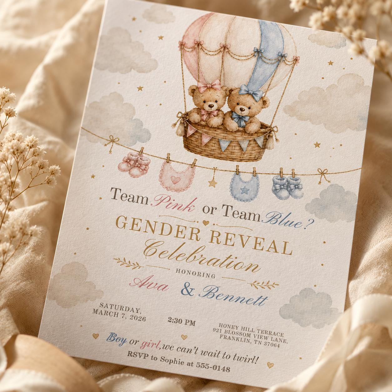 Team Pink or Team Blue Gender Reveal Invitation Canva Template, Teddy Bear Hot Air Balloon Invite, Gender Reveal Invitation Teddy Bears - Image 6