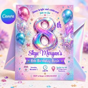 Holographic 8th Birthday Invitation, Iridescent Sparkle Girl Party Invite, Editable Printable Canva Template