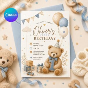 Teddy Bear First Birthday Invitation Editable Template, Beary 1st Birthday Boy Party Invite, Blue Boho Neutral Theme, Gender Neutral Invite