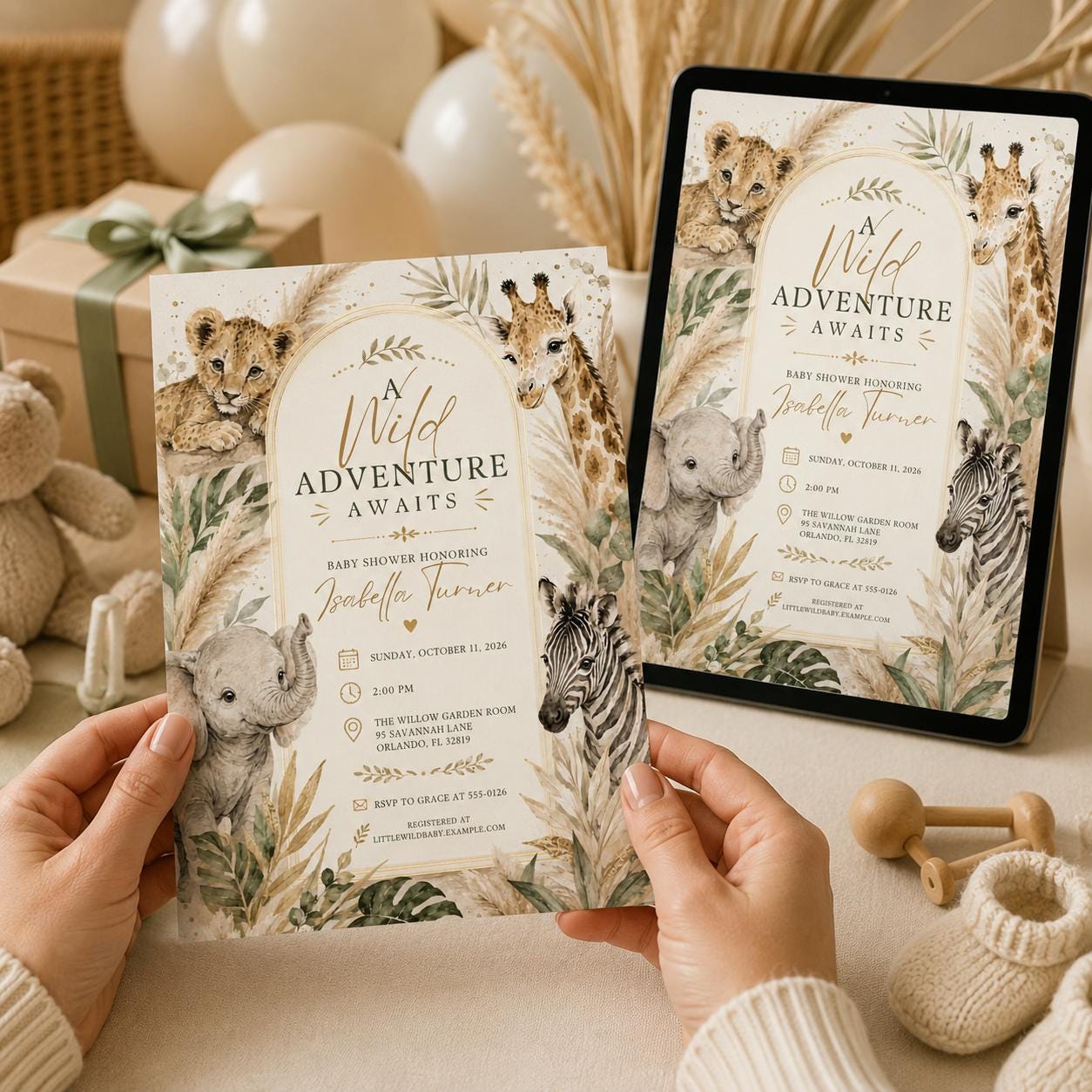 Safari Baby Shower Invitation Editable Template, Jungle Animal Wild Adventure Theme, Printable Digital Canva Download, Wild One Party Invite - Image 3