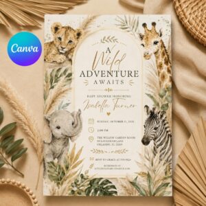 Safari Baby Shower Invitation Editable Template, Jungle Animal Wild Adventure Theme, Printable Digital Canva Download, Wild One Party Invite