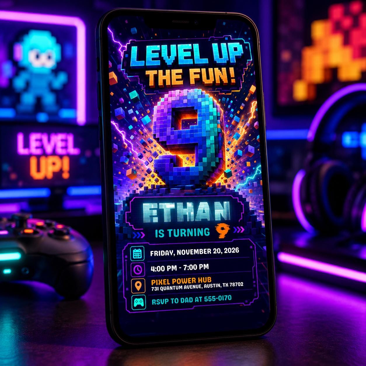 Video Game Birthday Invitation, Boy 9th Birthday, Printable Pixel Gamer Party, Pixel Block Party, Arcade Party Invite, Level Up Birthday - Image 4