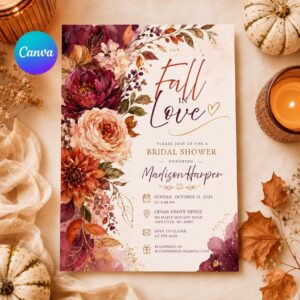 Fall in Love Bridal Shower Invitation Editable Template, Autumn Watercolor Bridal Brunch, Fall Bridal Shower Invitation, Fall Wedding Shower