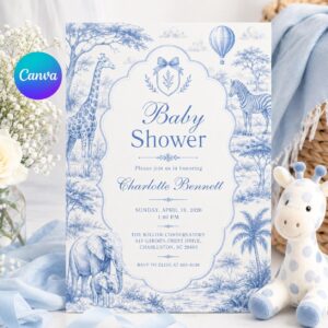 Safari Baby Shower Invitation Editable Template, Blue Toile Animal Print Invite Elegant Vintage Chinoiserie Theme, Blue Toile Safari Animals