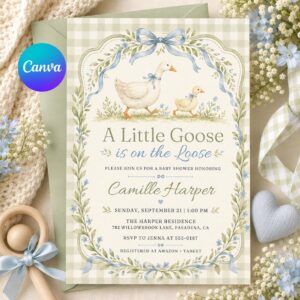 A Little Goose Baby Shower Invitation, Editable Gingham Goose Theme Invite, Spring Baby Shower Template,  Baby Shower Invitation Template