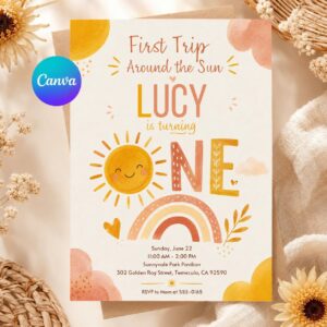 First Trip Around The Sun Birthday Invitation, Editable Boho Sun Rainbow First Birthday Invite, ONE Theme Girl Party Template Printable