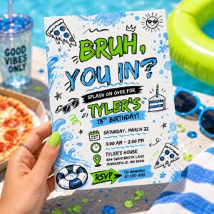 Bruh You In Birthday Invitation, Editable Teen Pool Party Invite, Boy 13th Birthday Doodle Theme Template, Printable Pool Party