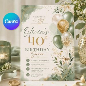 Celebrate In Style Birthday Invitation, Editable Sage Gold Balloon Party Invite, Women 40th Birthday Soiree Template, Printable Digital