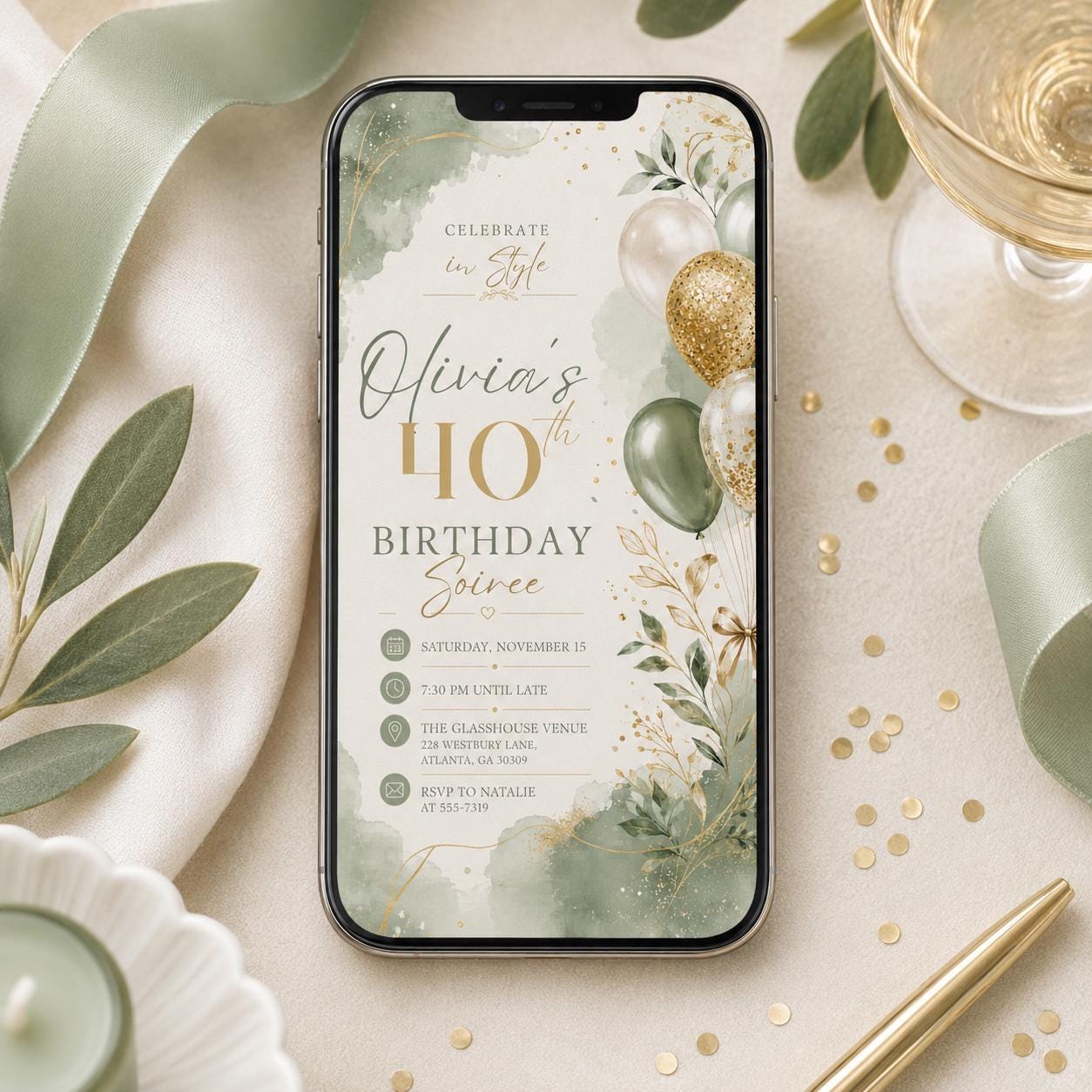Celebrate In Style Birthday Invitation, Editable Sage Gold Balloon Party Invite, Women 40th Birthday Soiree Template, Printable Digital - Image 5